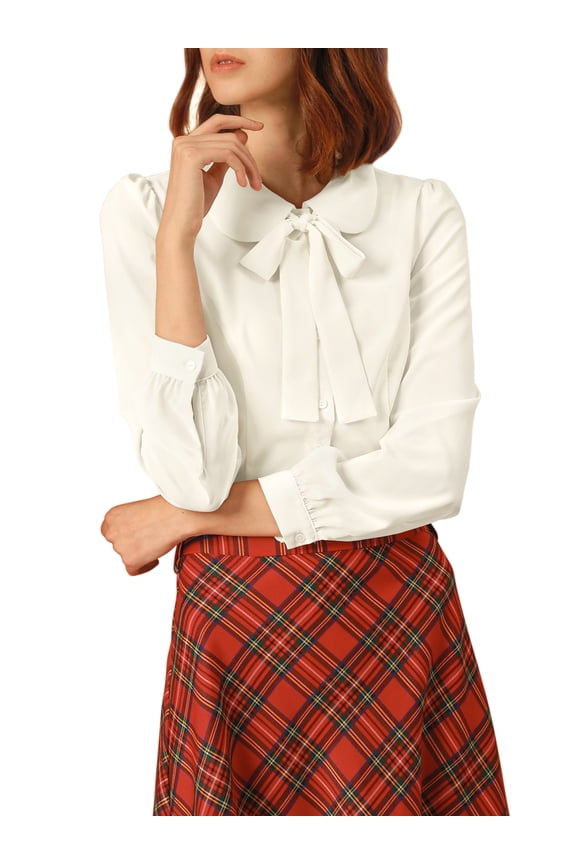 Junior's Peter Pan Collar Self Tie Neck Puff  Sleeve Shirt White XL