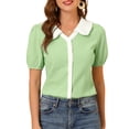 thumbnail image 1 of MODA NOVA Junior's Peter Pan Collar Shirt Contrast Color Half Sleeve Button Down Blouse Green S, 1 of 5