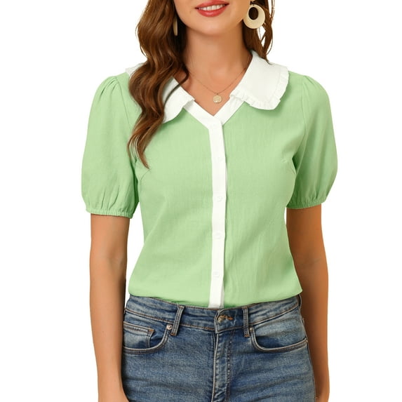 MODA NOVA Junior's Peter Pan Collar Shirt Contrast Color Half Sleeve Button Down Blouse Green S