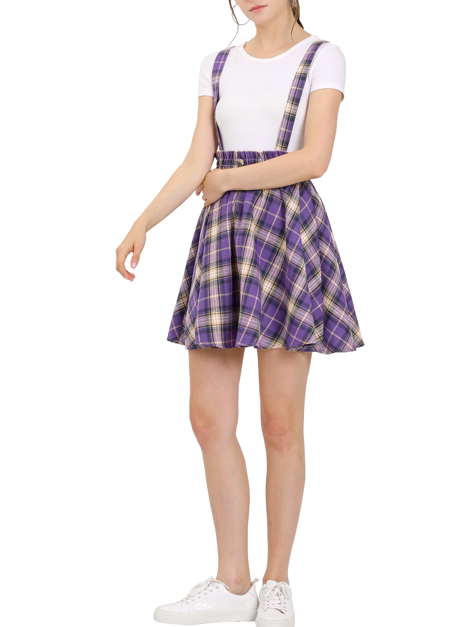 MODA NOVA Junior s Plaid Button Decor Flare Skater Suspender Mini Skirt Purple 7 Walmart
