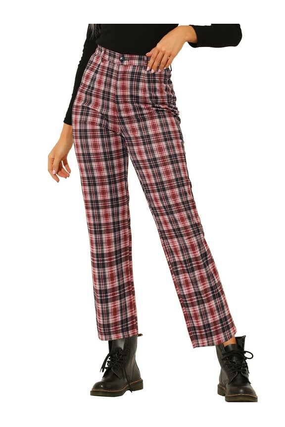 Junior's Plaid Cropped Trousers Button Tartan Check Work Red 17