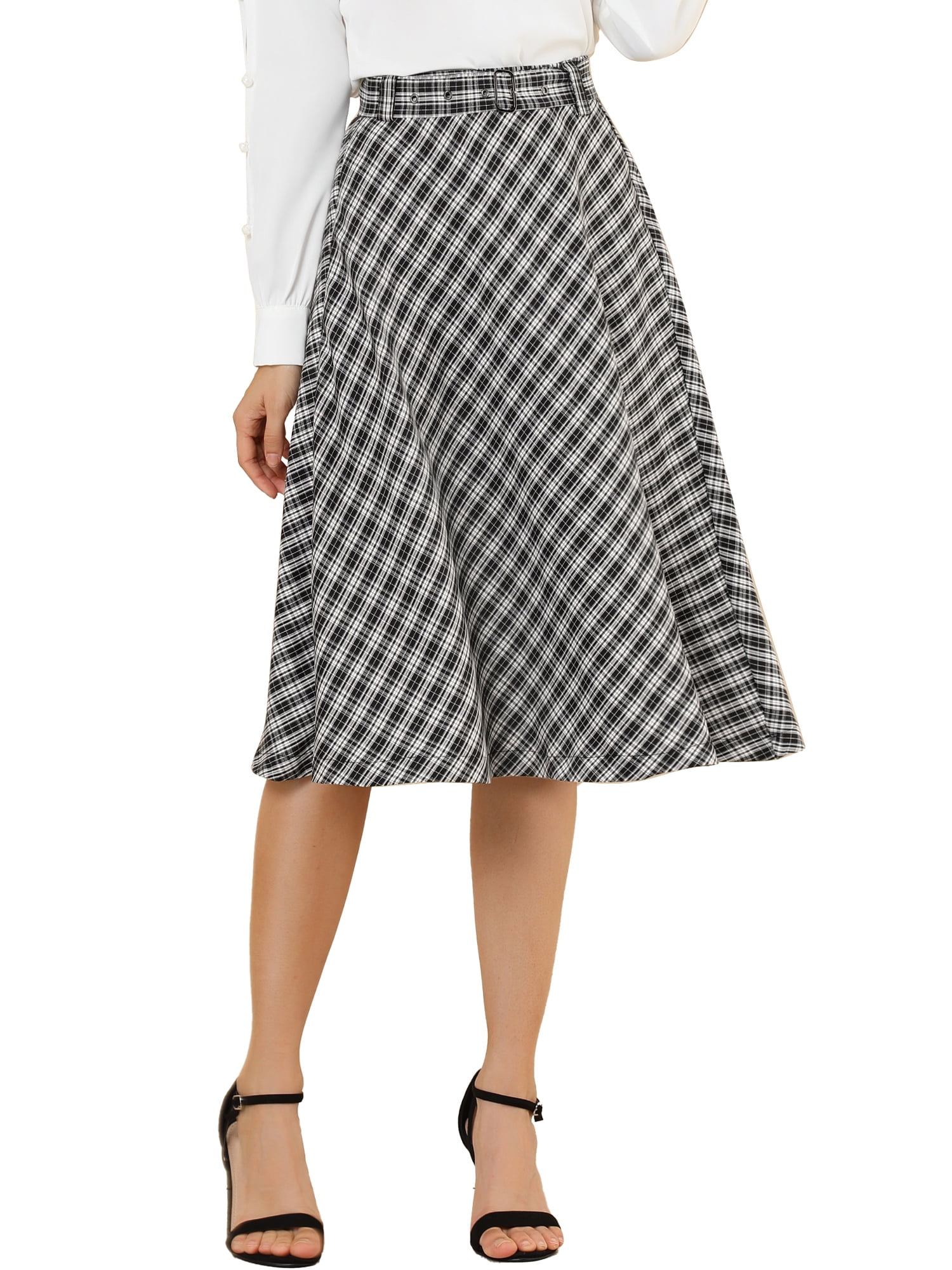 MODA NOVA Junior s Plaid High Waist Belted A Line Casual Mid Skirt Black White M