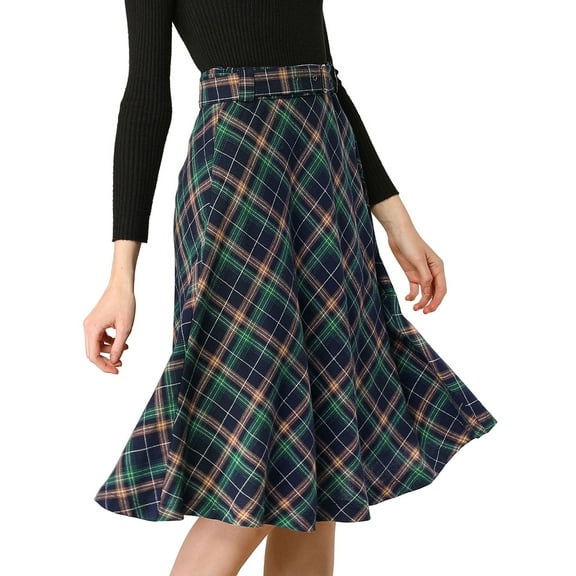 MODA NOVA Junior's Plaid High Waist Belted A-Line Casual Mid Skirt Blue Green S