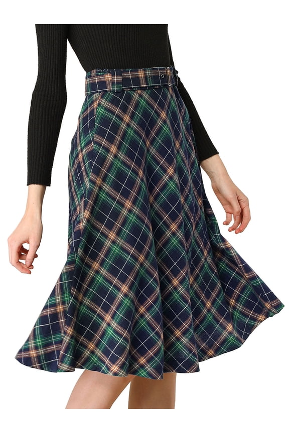 Junior's Plaid High Waist Belted A-Line Casual Mid Skirt Blue Green XS