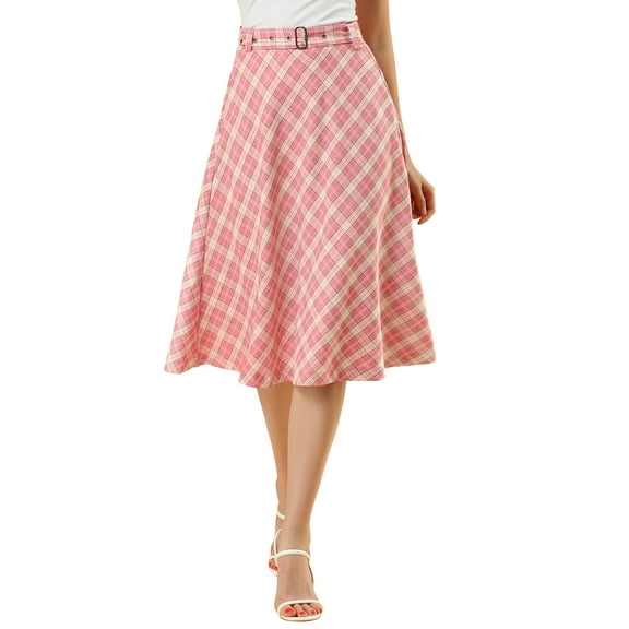 MODA NOVA Junior's Plaid High Waist Belted A-Line Casual Mid Skirt Pink M
