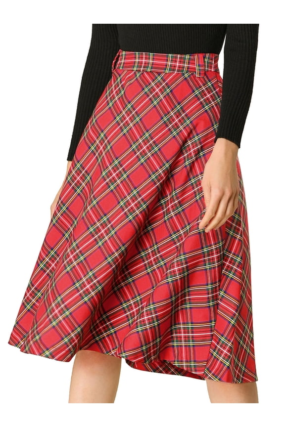 Junior's Plaid High Waist Belted A-Line Casual Mid Skirt Red L