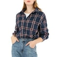 thumbnail image 1 of MODA NOVA Junior's Plaid Long Sleeve Oversized Shirts with Pockets  Navy Blue XXL, 1 of 5