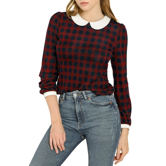MODA NOVA Junior's Plaid Peter Pan Collar Long Sleeve Shirt Blouse Red L