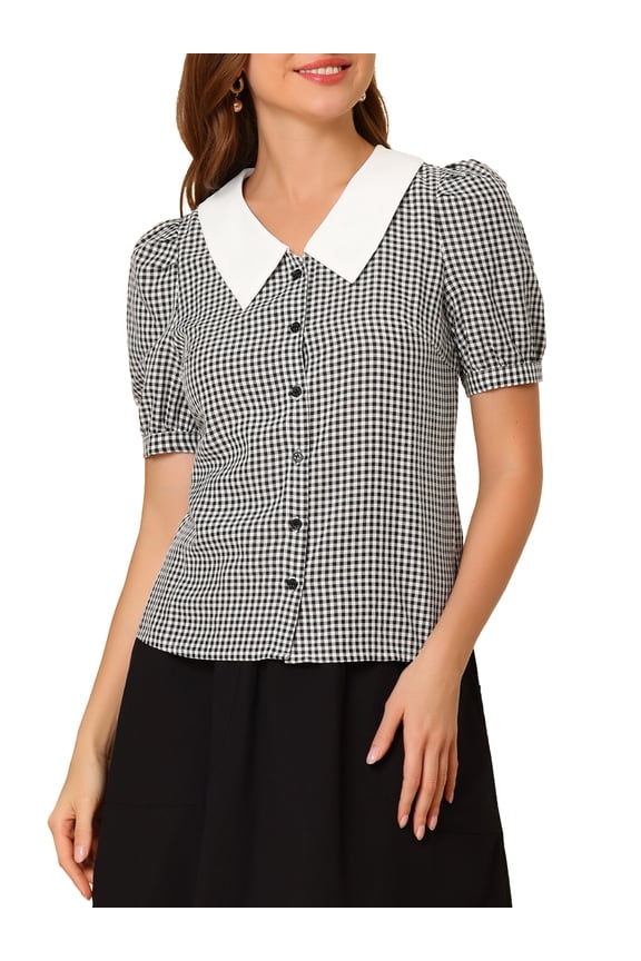 Junior's Plaid Puff Sleeve Blouse Contrast Collar Button Down Shirt Tops Black M
