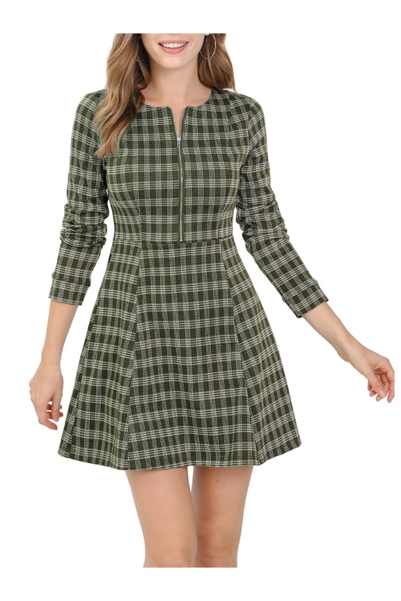 Junior's Plaid Zip Front Long Sleeve A-Line Mini Dress