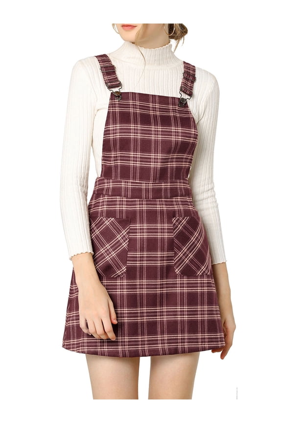 Junior's Plaids Adjustable Strap Above Knee Suspender Dress