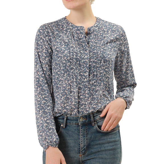 MODA NOVA Junior's Pleated Front Half Placket Long Sleeve Floral Top Grey L