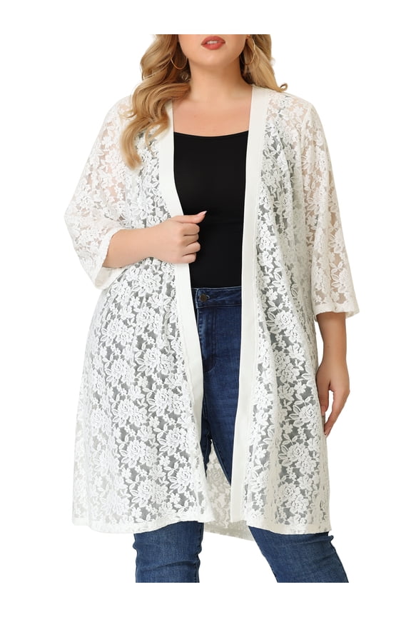 Junior's Plus Cardigan Lace Open Front 3/4 Sleeve Bolero Cardigan  White 2X