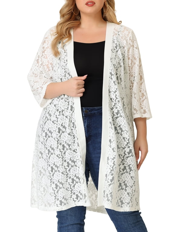 Junior's Plus Cardigan Lace Open Front 3/4 Sleeve Bolero Cardigan White 3X