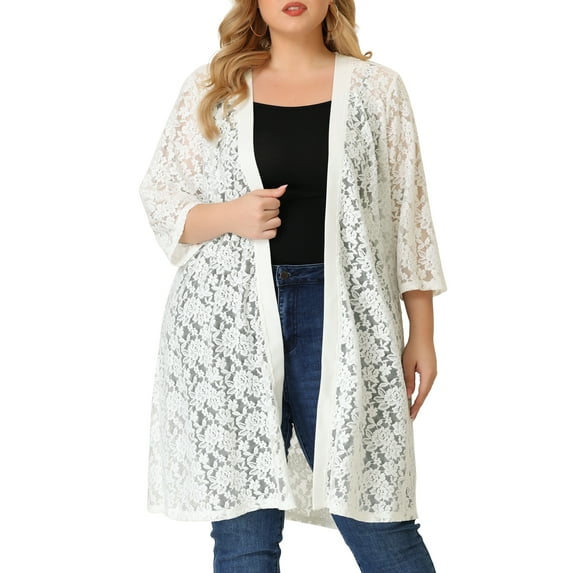 MODA NOVA Junior's Plus Cardigan Lace Open Front 3/4 Sleeve Bolero Cardigan White 3X