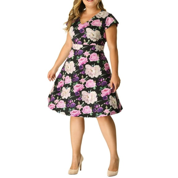 MODA NOVA Junior's Plus Deep V Neck Cap Sleeve Floral Midi Dress