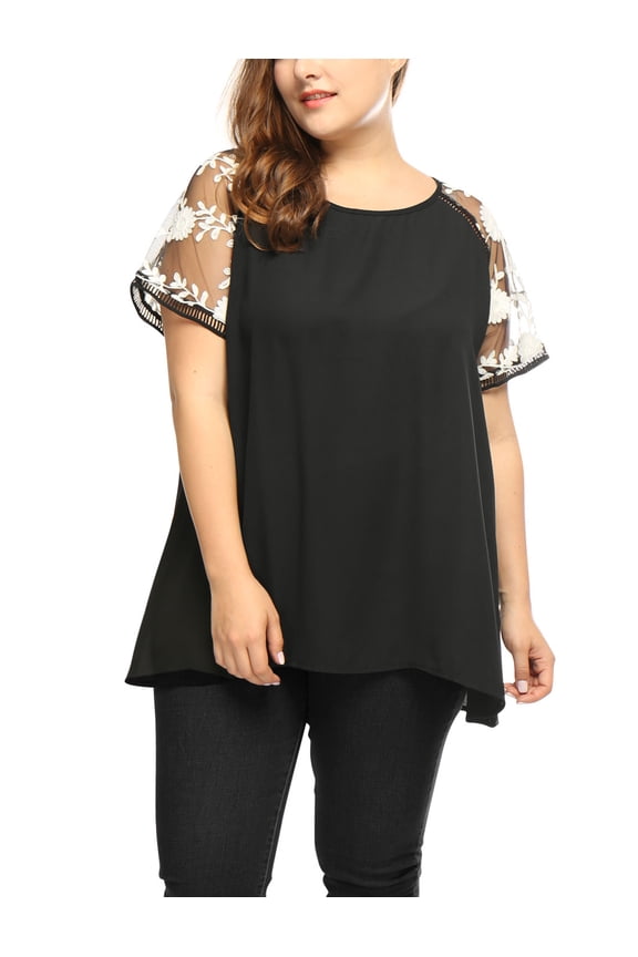 Junior's Plus Mesh Panel Raglan Sleeves Sheer Top Black 2X
