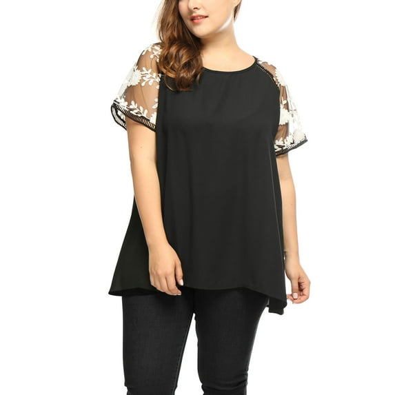 MODA NOVA Junior's Plus Mesh Panel Raglan Sleeves Sheer Top Black 4X