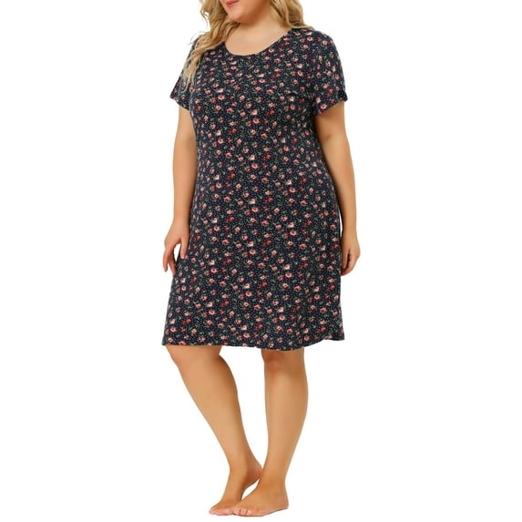 MODA NOVA Junior's Plus Nightgown Stretch Pattern Round Neck Sleep Dress Navy Blue 3X
