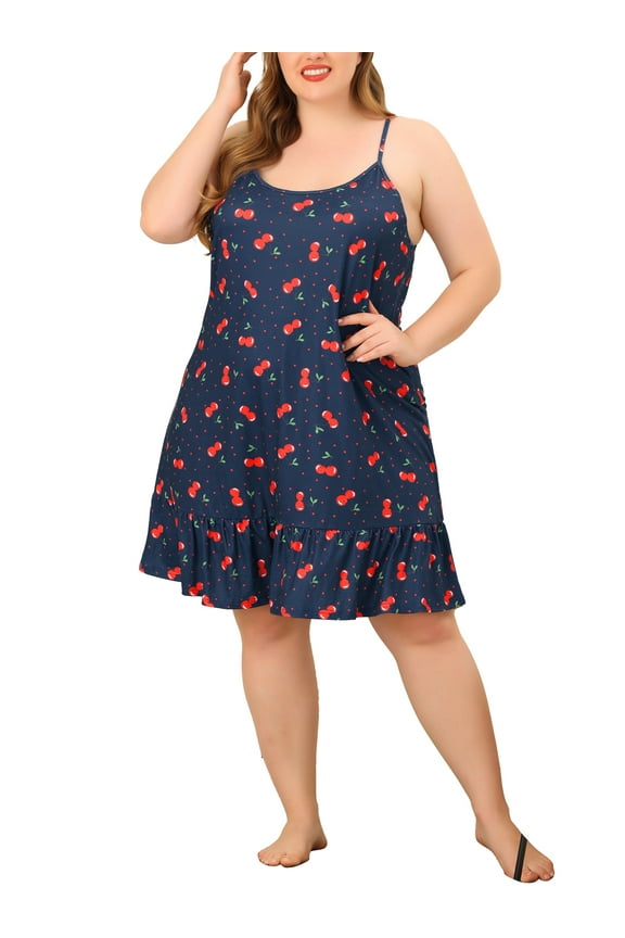 Junior's Plus Pajama Sleep Dress Fruit Ruffle MIdi Nightgown