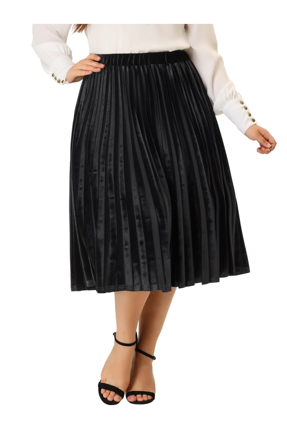Junior's Plus Size Elastic Waist Metallic Velvet Pleated Midi Skirt