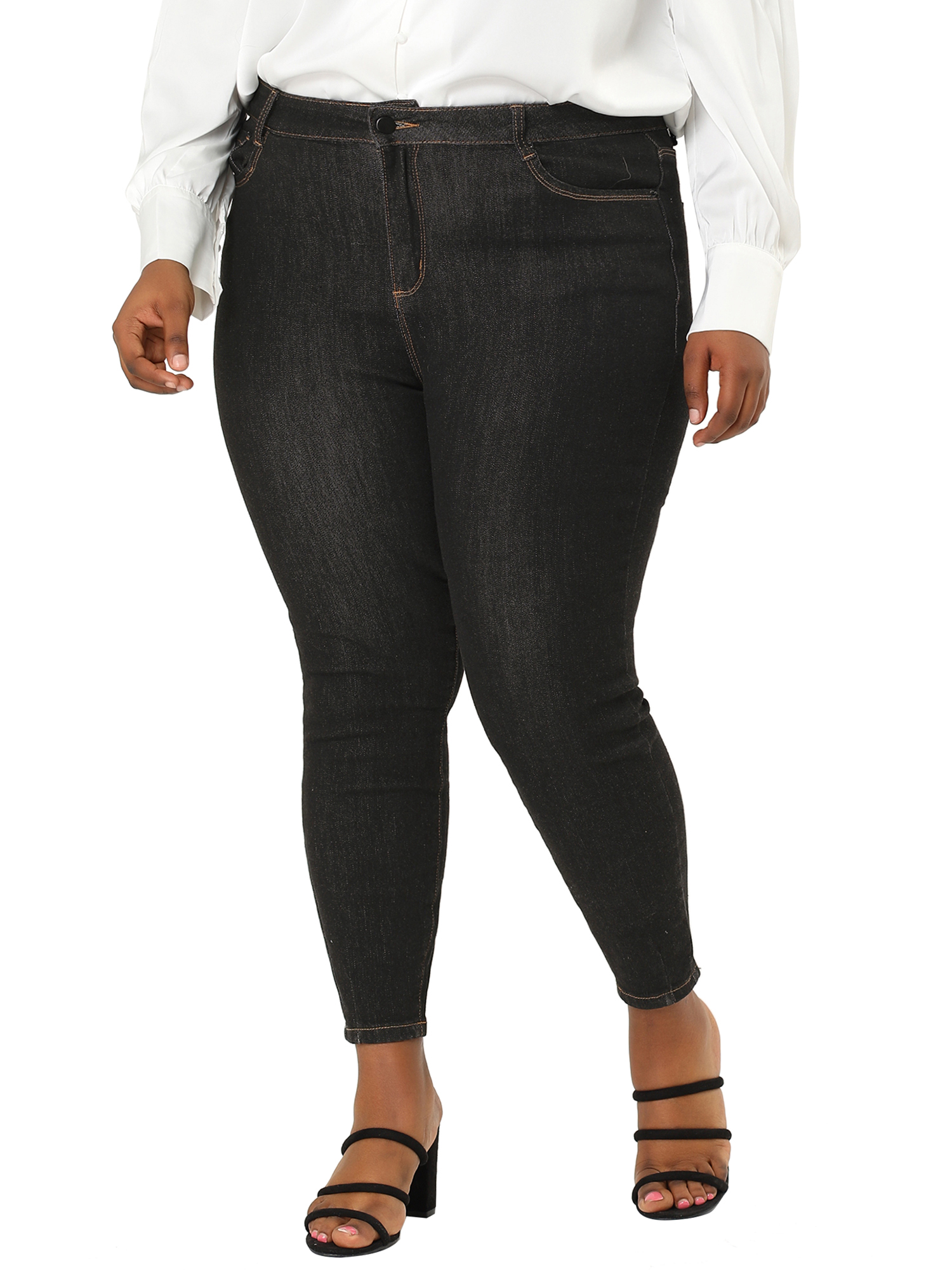 MODA NOVA Junior's Plus Size Jeans Denim Stretch Work Contrast Color Line Skinny Mid Rise Jeans Black 2X - image 1 of 5