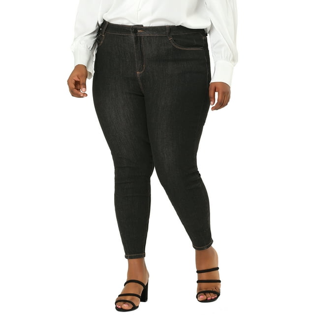 MODA NOVA Junior's Plus Size Jeans Denim Stretch Work Contrast Color Line Skinny Mid Rise Jeans Black 2X