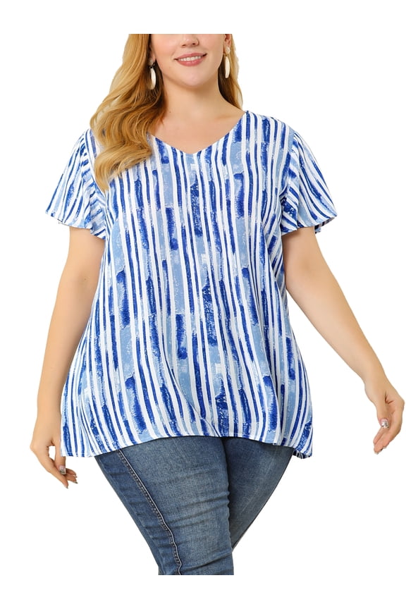 Junior's Plus Size Ruffle Sleeve Loose Stripe Tops Blue 4X