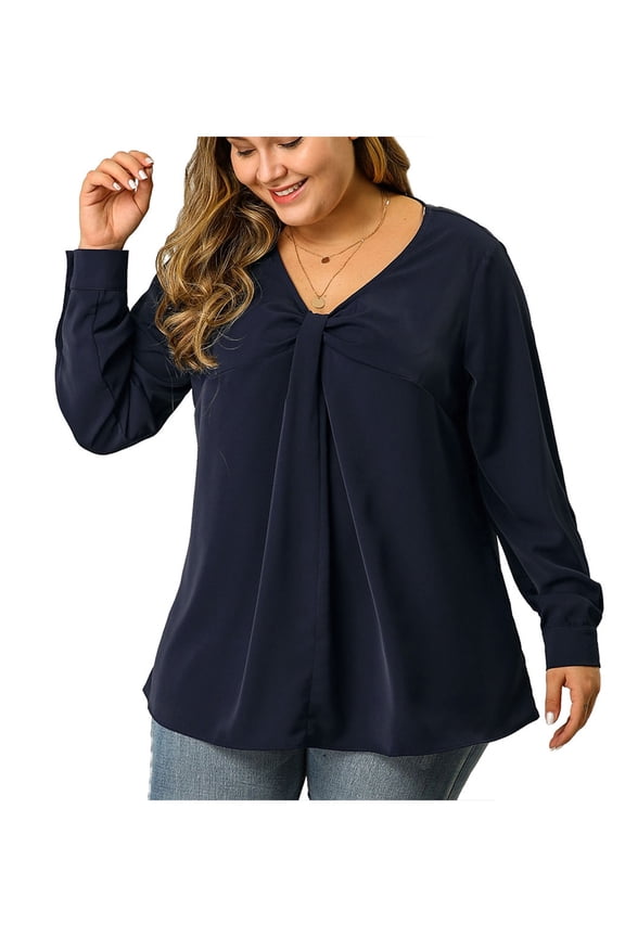 Junior's Plus V Neck Long Sleeve Twist Knot Top Dark Blue 3X