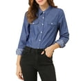 thumbnail image 1 of MODA NOVA Junior's Point Collar Long Sleeve Button Down Chest Pockets Denim Shirt, 1 of 6