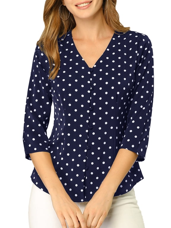 Junior's Polka Dots 3/4 Sleeve V Neck Button Front Vintage Blouse Dark Blue S