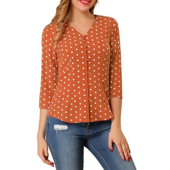 MODA NOVA Junior's Polka Dots 3/4 Sleeve V Neck Button Front Vintage Blouse Orange XL