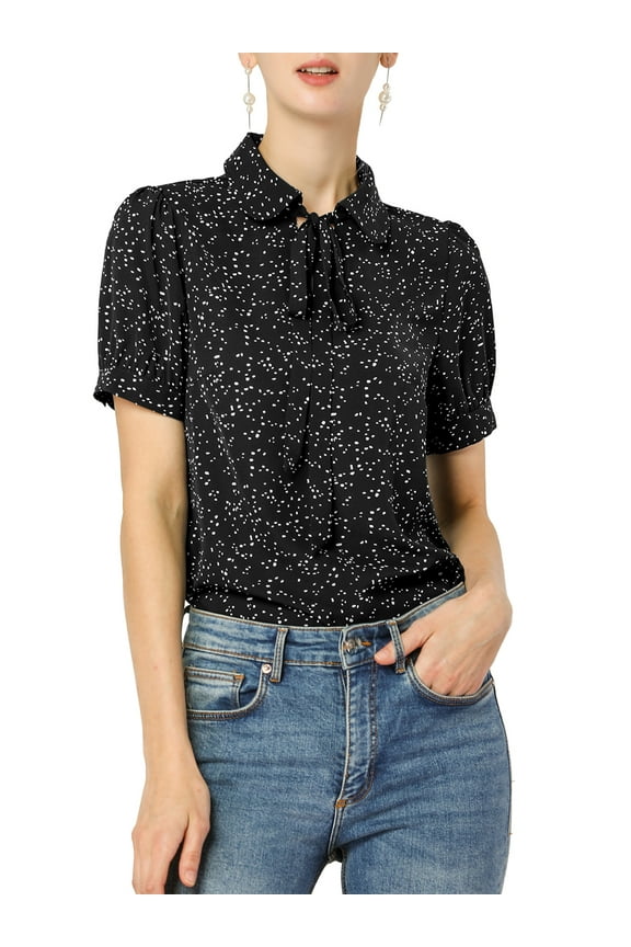 Junior's Polka Dots Bow Tie Peter Pan Collar Short Sleeve Blouse