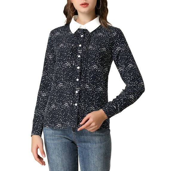 MODA NOVA Junior's Polka Dots Button Up Shirt Long Sleeve Top Blouse Navy Blue XL