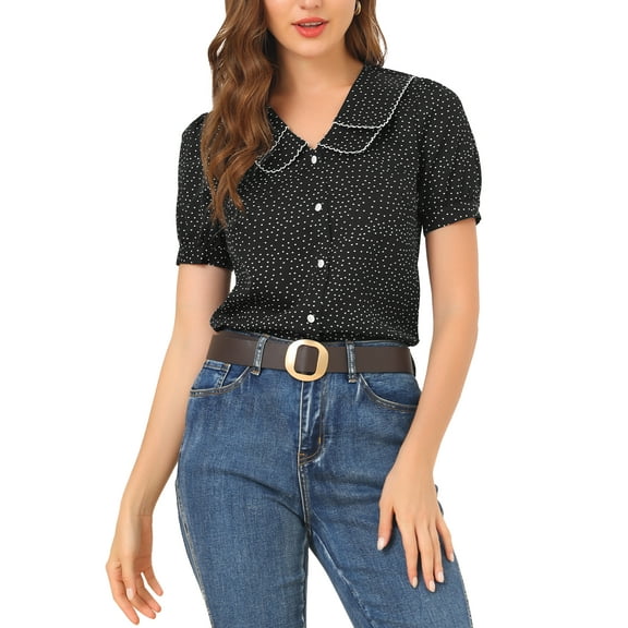 MODA NOVA Junior's Polka Dots Peter Pan Collar Puff Short Sleeve Summer Shirt