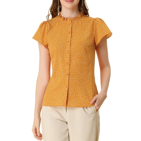 MODA NOVA Junior's Polka Dots Print Ruffle Sleeves Button Blouse Dark Yellow S