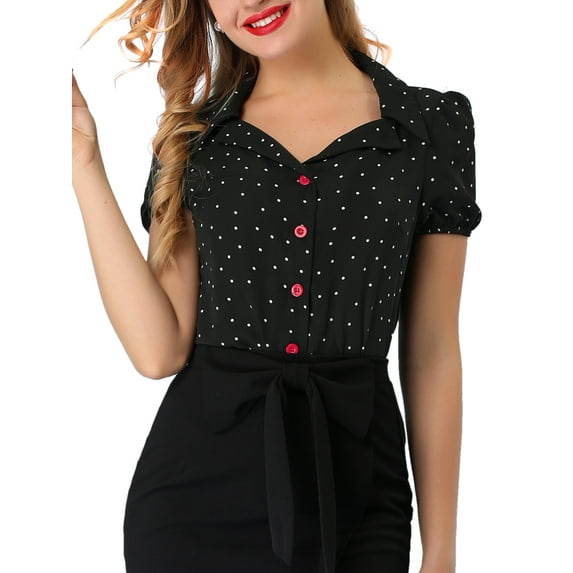 MODA NOVA Junior's Polka Dots Short Sleeve Piped Button Down Office Blouse Black XS