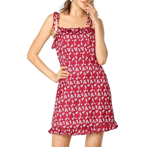 MODA NOVA Junior's Polka Dots Sleeveless A Line Slip Ruffle Tie Short Mini Dress