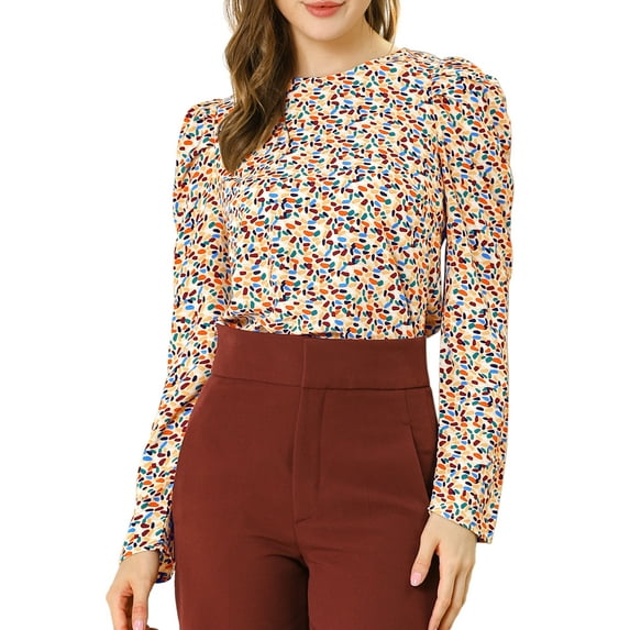 MODA NOVA Junior's Puff Long Sleeve Round Neck Dots Blouse Tops MultiColor White S