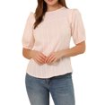 thumbnail image 1 of MODA NOVA Junior's Puff Shoulder Collarless Ruffle Keyhole Back Short Sleeve Blouse Pink M, 1 of 5