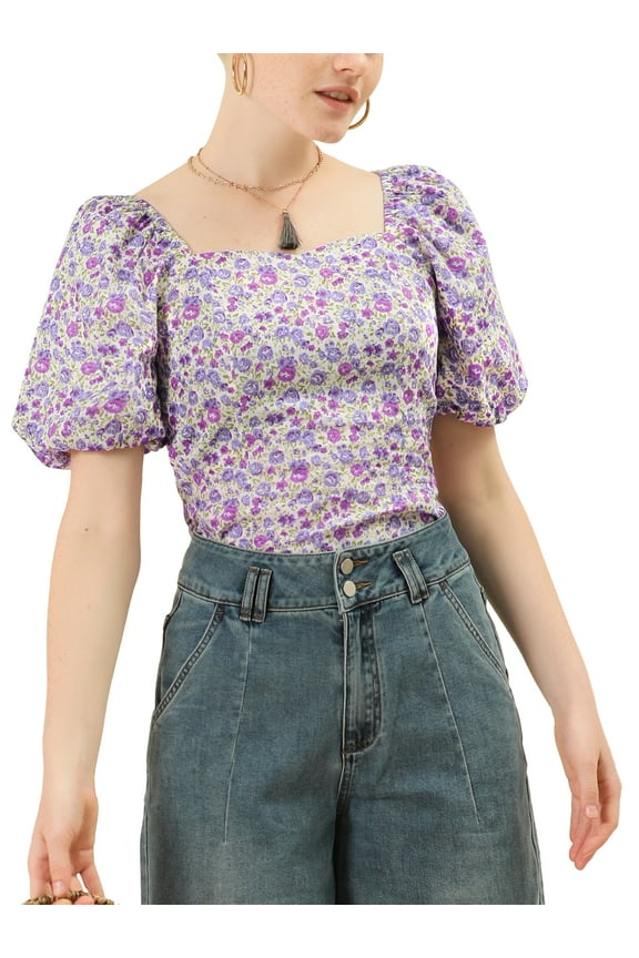 Junior's Puff Sleeve Sweetheart Neck Smocked Floral Blouse