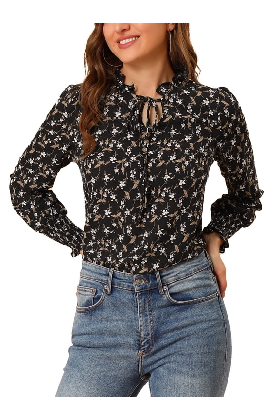 Junior's Retro Floral Ruffle Tie Neck Button Decor Elastic Cuff Chiffon Blouse Black L