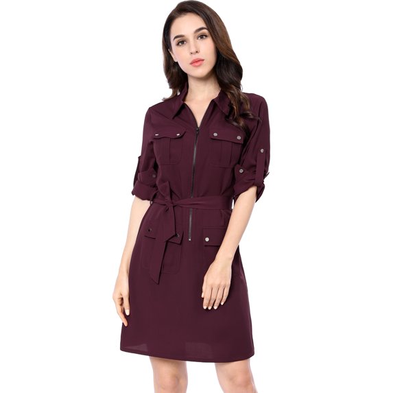 MODA NOVA Junior's Roll up Sleeves Multi-Pocket Belted Shirt Dress Burgundy S