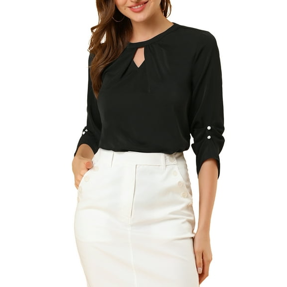 MODA NOVA Junior's Round Neck Keyhole Pleated Shirred 3/4 Sleeve Blouse Black XL