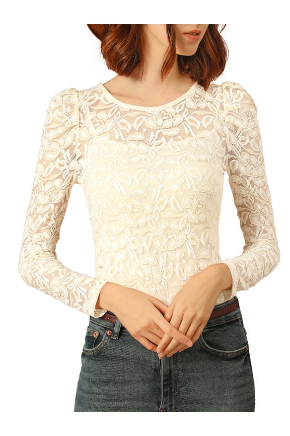 Junior's Round Neck Long Sleeve Semi Sheer Floral Lace Blouse Beige XL