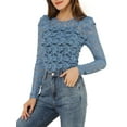 thumbnail image 1 of MODA NOVA Junior's Round Neck Long Sleeve Semi Sheer Floral Lace Blouse Blue XL, 1 of 5