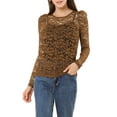 thumbnail image 1 of MODA NOVA Junior's Round Neck Long Sleeve Semi Sheer Floral Lace Blouse Brown S, 1 of 5