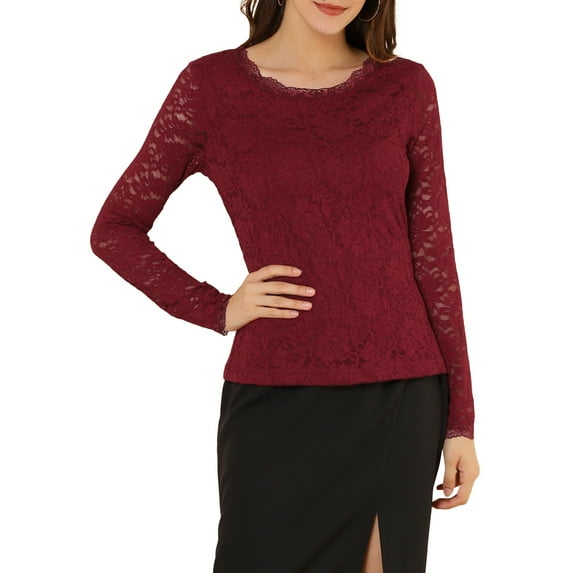 MODA NOVA Junior's Round Neck Long Sleeves Sheer Flower Embroidery Lace Blouse