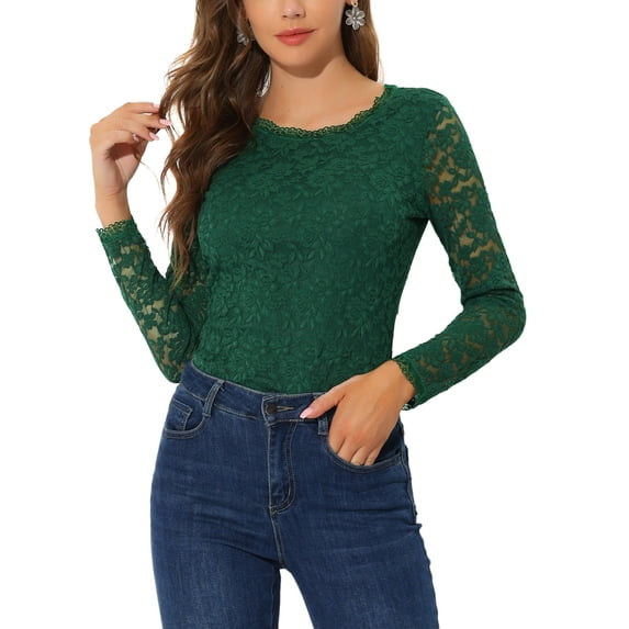 MODA NOVA Junior's Round Neck Long Sleeves Sheer Flower Embroidery Lace Blouse