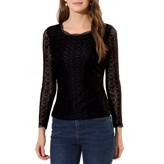 MODA NOVA Junior's Round Neck Long Sleeves Sheer Flower Embroidery Lace Blouse